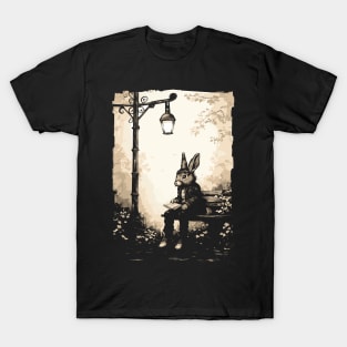 Rabbit with Book on Park Bench Bunny Lover T-Shirt